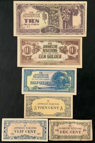 1942-1944 WWII JAPAN-NETHERLANDS PAPER MONEY - SET OF 6 BANKNOTES!