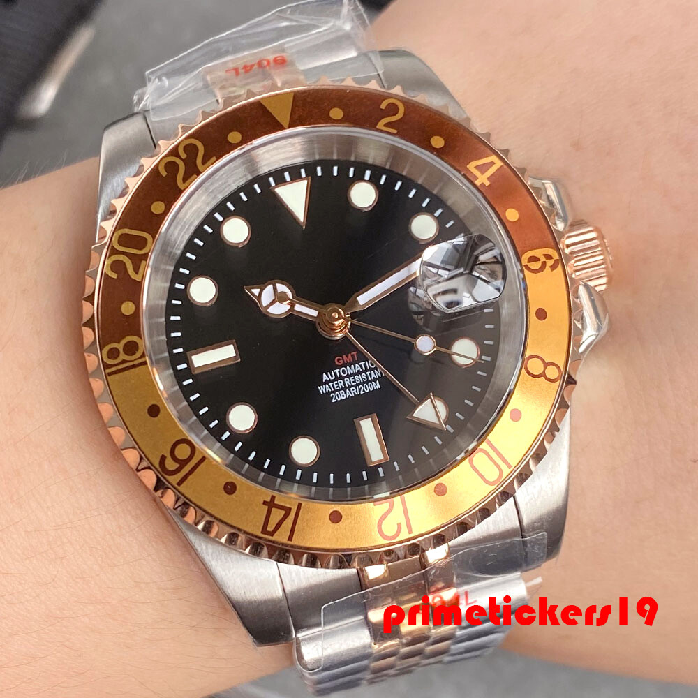 Reloj Automático Tandorio GMT NH34 Hombres Buceo Dos Tonos Fecha Cerámica Bisel Zafiro