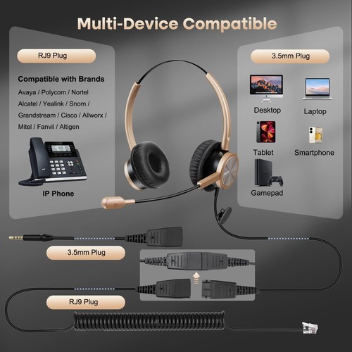 Telephone Headset with RJ9 Jack for Cisco Phone, Including 3.5mm Connector fo... - 第 3/8 張圖片