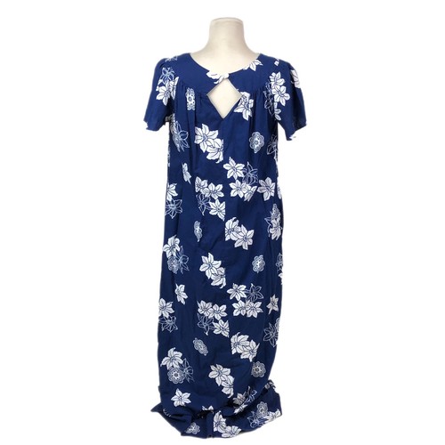 Vestido Hawaiano Mujer Pequeño Vintage Azul Blanco Maxi Floral Hibisco Aloha - Imagen 4 de 12