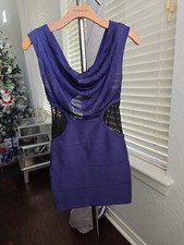 VTG BEBE Draped Cowl Bodycon XS Sheer Cutout Mesh Dress Purple Blue Y2K FASHION