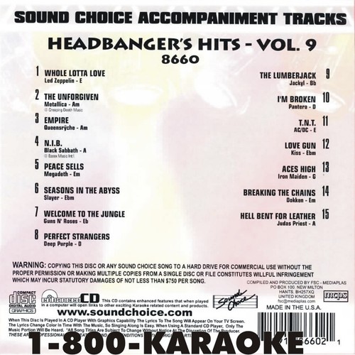 SOUND CHOICE KARAOKE HEADBANGERS v. 9 cdg CD+G SC8660 HARD TO FIND 15 ROCK SONGS - Picture 2 of 2