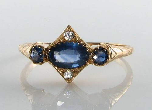 DAINTY 9K 9CT GOLD BLUE SAPPHIRE & DIAMOND ART DECO INS TRILOGY RING Size M - Picture 2 of 6