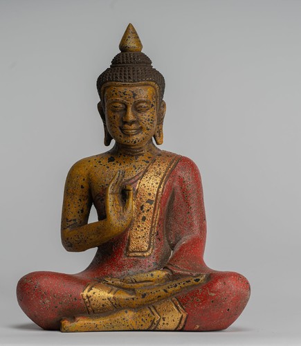 Antique Khmer Style Cambodia Sitting Wooden Buddha Statue Teaching Mudra