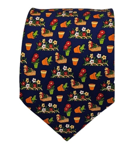 COMPAGNIA DELLE INDIE Blue Flowerpot Frog Silk Tie ITALY 60"/ 4" EC - Picture 1 of 5