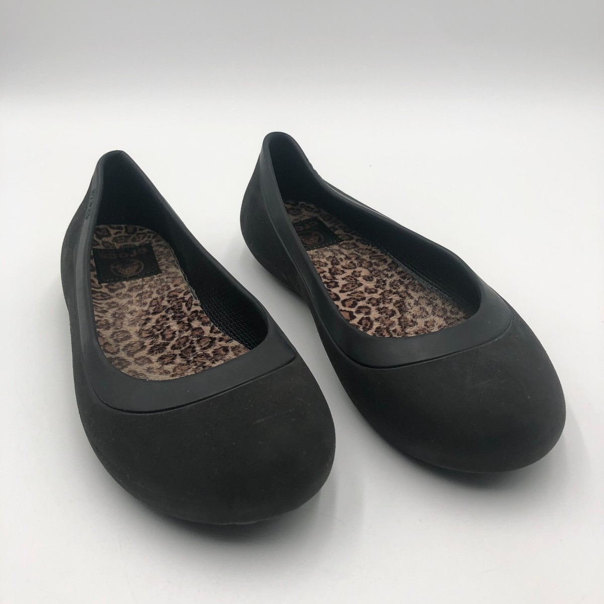 CROCS Women's Size Black Mammoth Leopard Slip On Ballerina Flats
