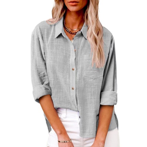 Womens Button Down Shirt Casual Long Sleeve Solid Color Loose Blouse with Pocket - Picture 19 of 29