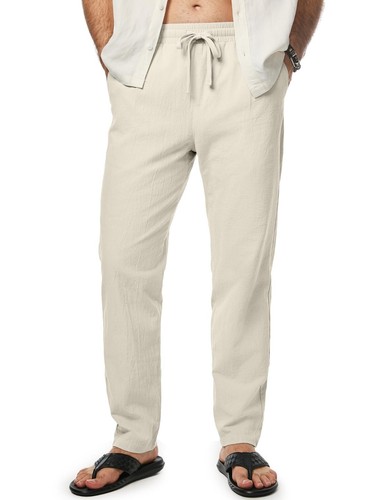 Pantalones de algodón para hombre informales cintura elástica cordón ligero verano playa pantalón - Imagen 2 de 30