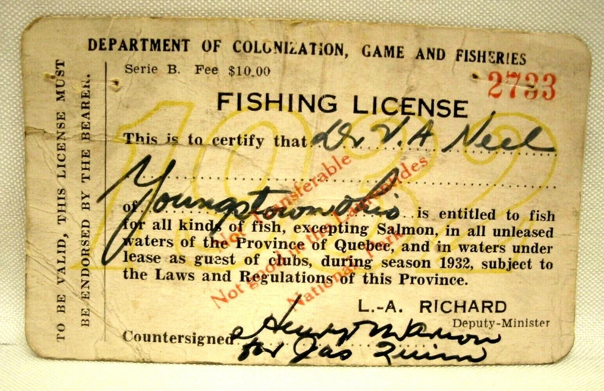 1932 QUEBEC CANADA NON RESIDENT FISHING LICENSE YOUNGSTOWN OHIO APPLICANT