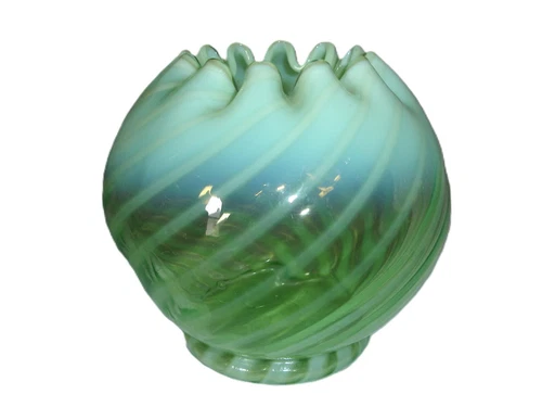 Fenton Green Opalescent Stripe Glass Rose Bowl Crimped Vase