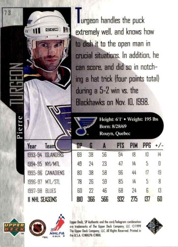 1998-99 Upper Deck SP Authentic Pierre Turgeon #73 - Picture 2 of 2