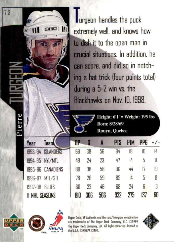1998-99 Upper Deck SP Authentic Pierre Turgeon #73 - Image 2 of 2