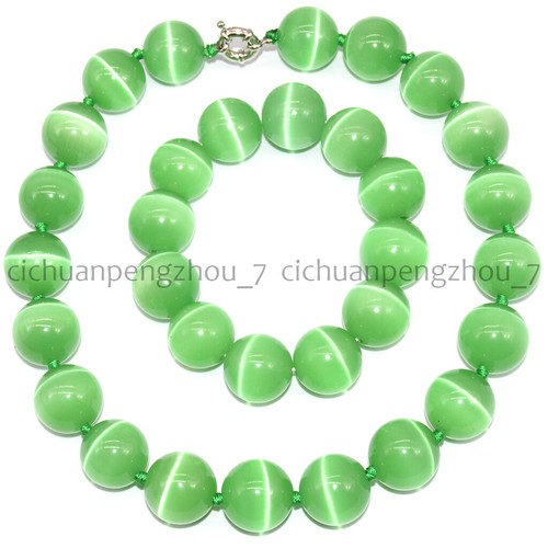 20mm Green Opal Cat's Eye Round Gems Beads Necklace 18'' Bracelet 8-8.5'' - Picture 2 of 16