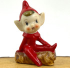 Vtg Pixie Elf Gnome Red Suit Sitting on Log Figurine Made in Japan 2 1/2" Read