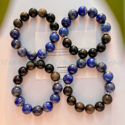Natural Lapis Lazuli Golden Obsidian 14mm Beads Healing Crystal Stretch Bracelet - Picture 8 of 9