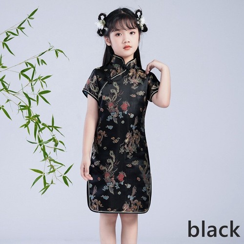 Girls Satin Qipao Cheongsam Dresses Fit Knee Length Short Sleeve Tang Suit Dress - Picture 20 of 21