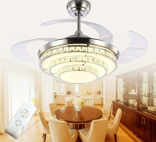 42'' Chrome Crystal Invisible Ceiling Fan LED Light Remote Control Chandeliers - Picture 15 of 23
