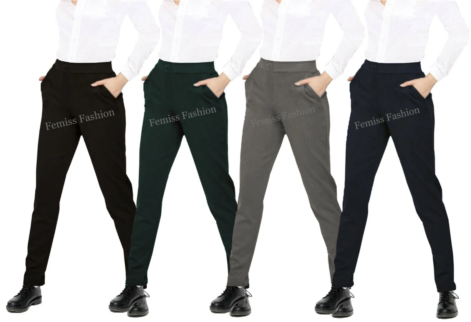 Girls School Trousers Slim Fit Black Half Elasticated Women Office Work College