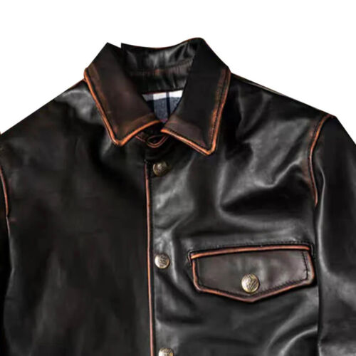 Chaqueta negra vintage de motociclista informal de cuero real para hombre NF02 - Imagen 2 de 5