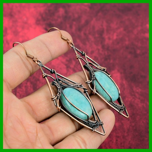 Mothers day Deal Copper Natural Amazonite Dangle Wire Wrapped Earrings Jewelry - Picture 4 of 6