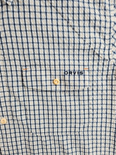 Orvis Seersucker Fishing Shirt Double Pockets Blue Check Polyester Nylon Soft XL - Picture 6 of 22