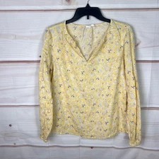 Gap Top Womens Small Yellow Floral Blouse V-Neck Long Sleeve Pullover Woven