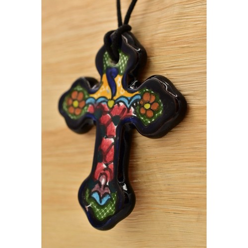 Collana Croce Vintage Croce Ceramica Porcellana Dipinta Floreale Artigianale BinA17 - Foto 4 di 12