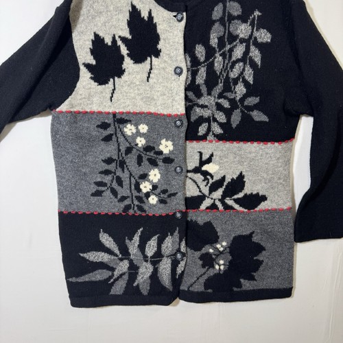 Susan Bristol Wool Cardigan XL Black Gray Floral Knit Grandmacore Y2K Vintage - Picture 6 of 9