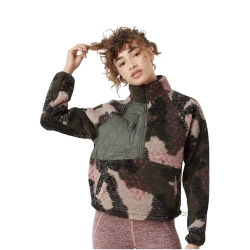 Chaqueta Pullover JoyLab Sherpa Para Mujer 1/4 Bolsillos con Cremallera Verde Camuflaje Talla S