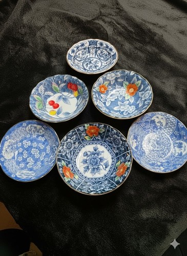 Set 6 Vintage Japanese Bowls Blue White Mix Takahashi Matsumine Imari Floral 6" - Picture 1 of 23