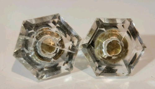 Lot Of (2) Vintage Hexagon Small Glass Knob Drawer Pulls Brass End - Picture 5 of 8