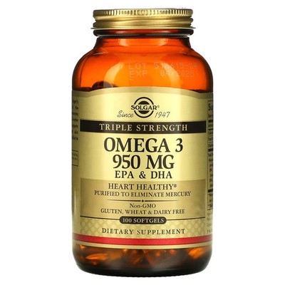 2 X Solgar, Omega-3, EPA & DHA, Triple Strength, 950 mg, 100 Softgels