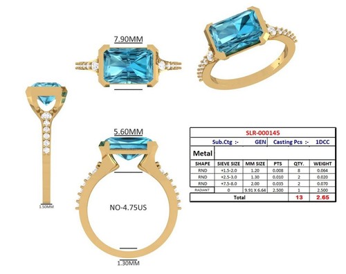 Radiant 2.50 Lab Diamond Ring Fancy Vivid Blue VS2 with 14 KT Gold - Picture 3 of 9