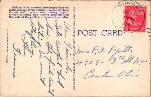 Postal PUENTE RÚSTICO Jardines de Ciprés FLORIDA lino c1955 - Imagen 2 de 2
