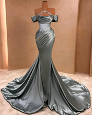 Gorgeous Gray Mermaid Prom Dresses Sexy Halter Nack Spaghetti Off Shoulder Pleat