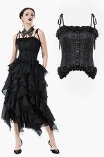 Dark In Love Women Black Gothic Floral Jacquard Corset Tie Strap Bustier Tops