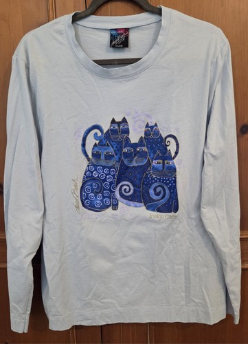 Laurel Burch Damen Langarmshirt hellblau indigo Katzenmotiv Größe XXL