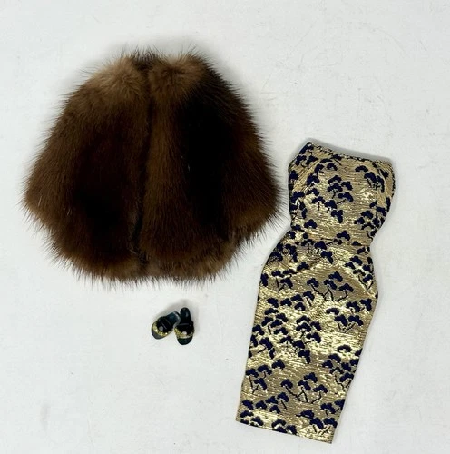 Vintage Barbie 1963 Gold Lame & Navy Sheath Pak Dress & Genuine Mink Coat Lined
