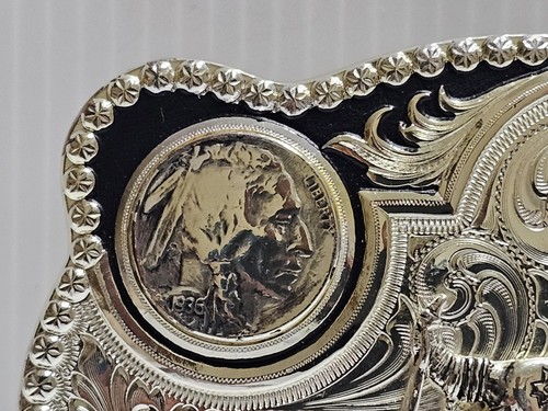 Montana Silversmiths Buffalo Indian Head  Nickel Belt Buckle Skull  - Picture 5 of 12