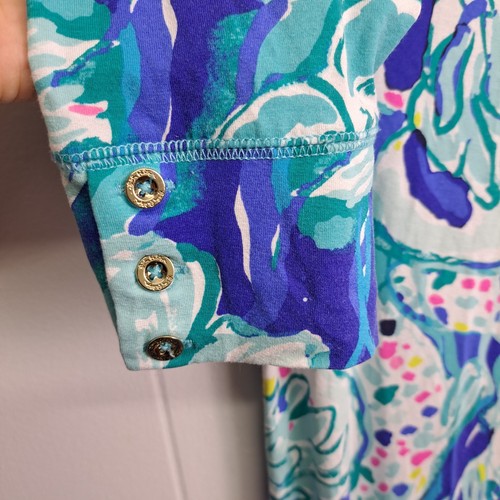Lilly Pulitzer Sophie Dress L Blue Green Floral Print 3/4 Sleeve Gold Buttons - Picture 3 of 10