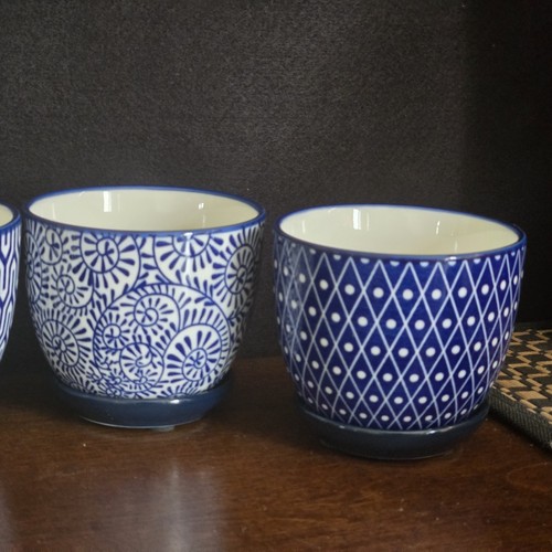 4 Selamica Blue and White Ceramic Succulent Plant Pots with Drain Holes Saucers - Picture 3 of 7