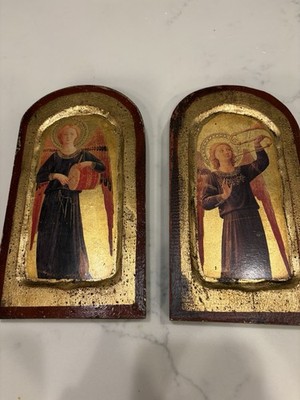 Florentine Pair Angels With Musical Instruments Gold Accents Wall Plaques