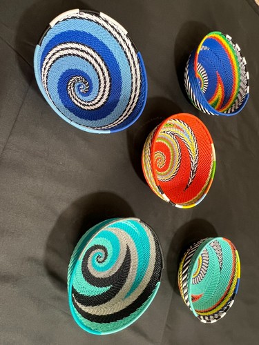 Set of 5 hand-weave South African wire basket 6" X 3" African Art Deco - Picture 2 of 10