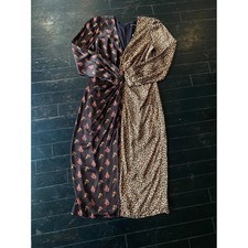 Something Navy Womens Leopard Floral Split Print Twist Front Midi Dress Brown M