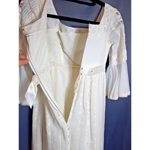 Vintage Victorian Lace Ruffle Hem Flare Sleeve Linen Wedding Dress Small White - Picture 15 of 17