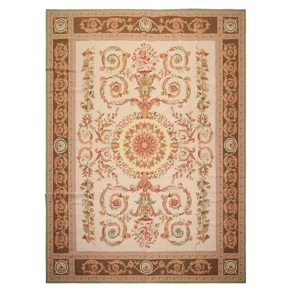 8'10''x11'10'' Hand Woven Flatweave Wool Ivory French Aubusson Needlepoint Rug - Image 2 of 4