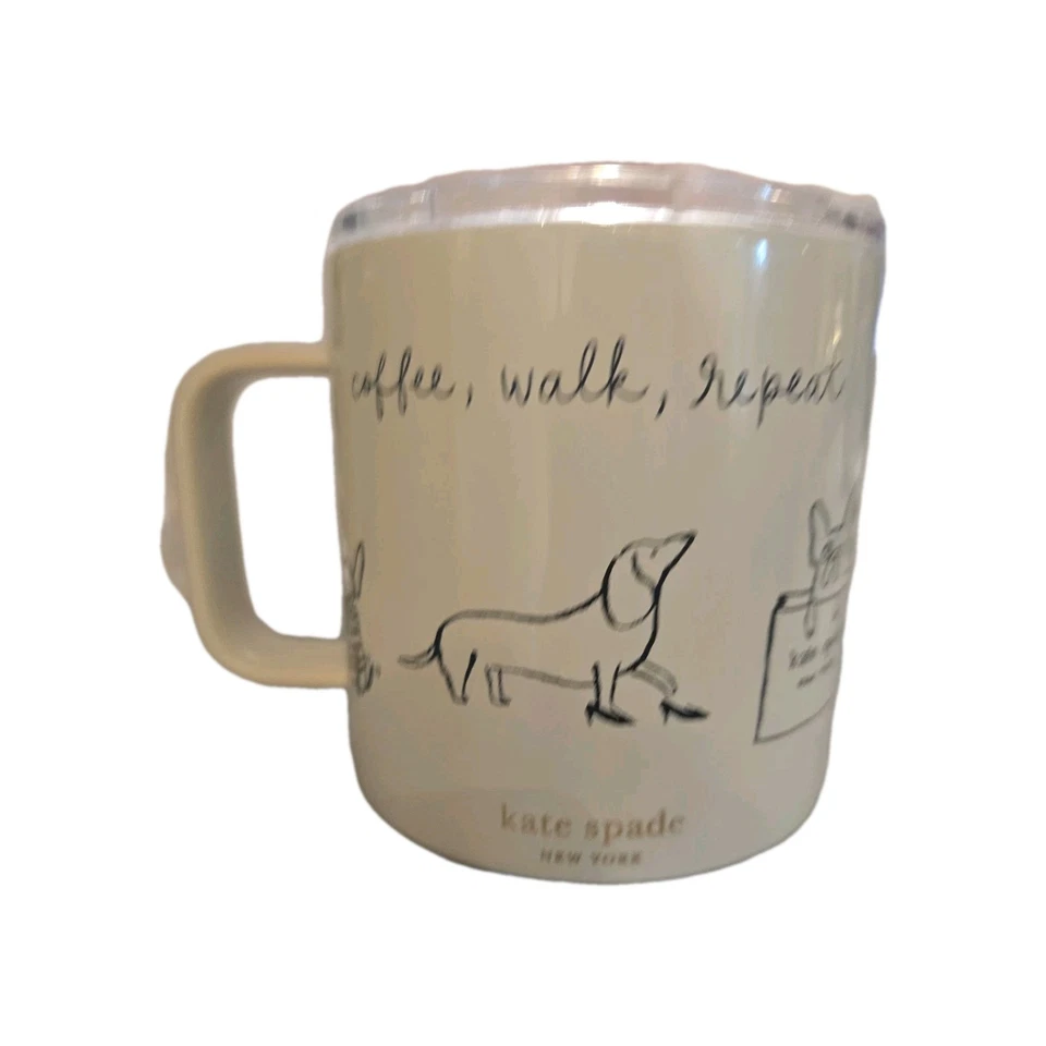 Taza Kate Spade Acero Inoxidable Off White Perro Fiesta-Café, Caminar, Repetir Tapa Foto 4 de 4