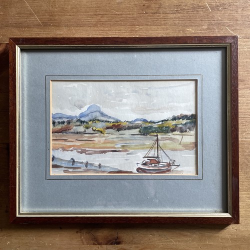 Fluss mit Boot Landschaft Szene Aquarell Gemälde gerahmt