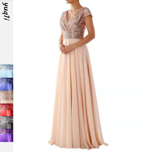 Neu Damen Abendkleider Glänzend Pailletten Partykleid V-Neck Chiffon Lang Kleid - Bild 2 von 15