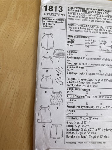 SIMPLICITY SEWING PATTERN 1813 VINTAGE BABY ROMPER, DRESS, TOP PANTS, HAT - NEW - Picture 3 of 12